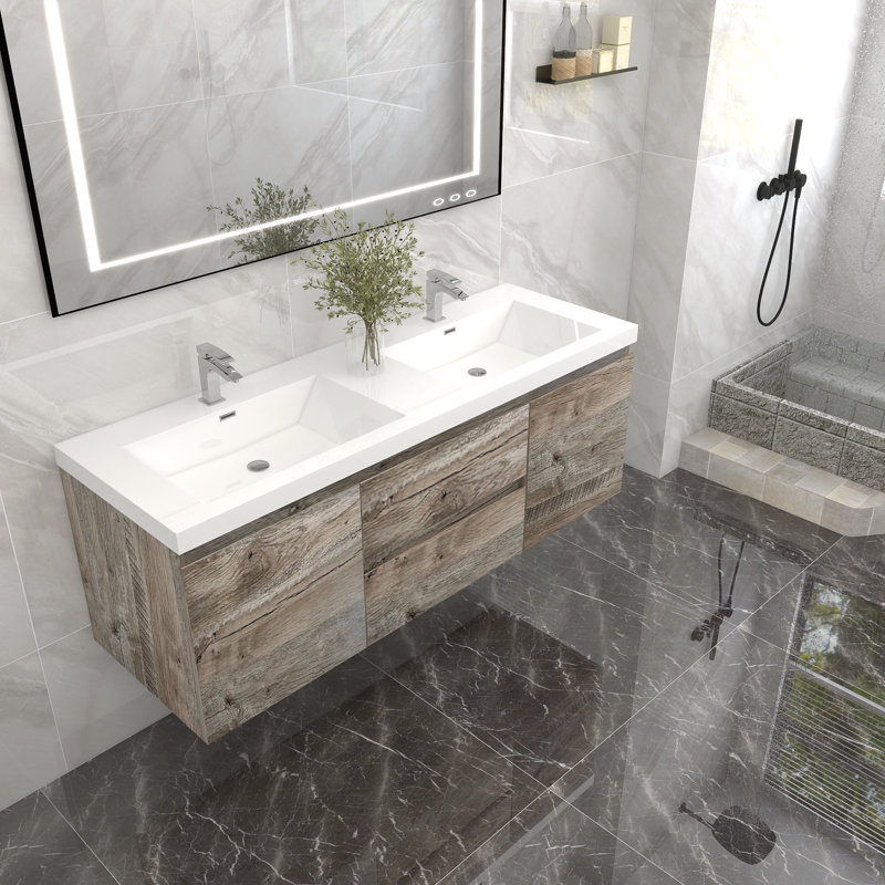 Ensemble de meuble-lavabo mural double l 60 po Auvimar, Bois naturel