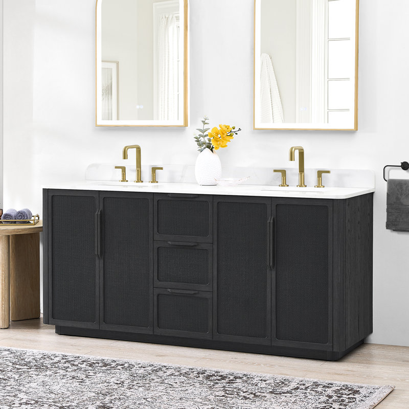 Meuble-lavabo double 72 po avec plateau en quartz blanc Busan, Chêne noir classique