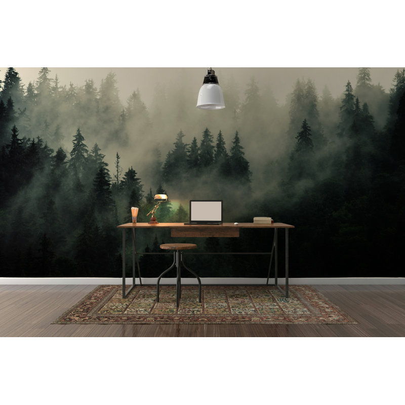 Papier peint paysage vert Misty Pine Forest, L 37 po x l 56 po