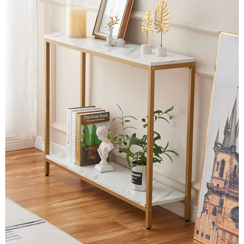 White Faux Marble and Gold Metal Double Layer Console Table