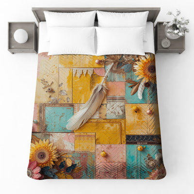 Yellow Pink Blue Collage Quilted Bedspread All Sizes