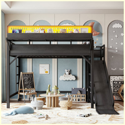 Full Size Black Metal Loft Bed with Slide, Storage Shelves, Built-in Wardrobe & LED Lights