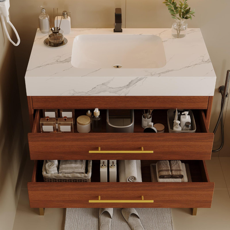 Meuble-lavabo moderne autoportant avec comptoir en pierre frittée, Blanc