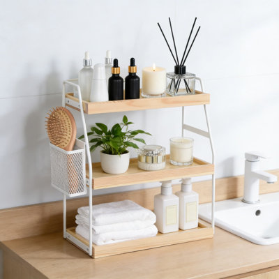 3-Tier Bathroom Counter Organizer With Storage Basket, Wood Vanity Shelf For Skincare, Makeup, And Bathroom Essentials