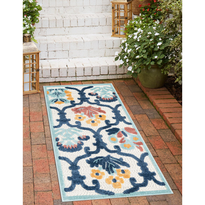 Tapis d'extérieur couleur ivoire / bleu marine Askersund, Tapis de couloir 2 pi x 6 pi