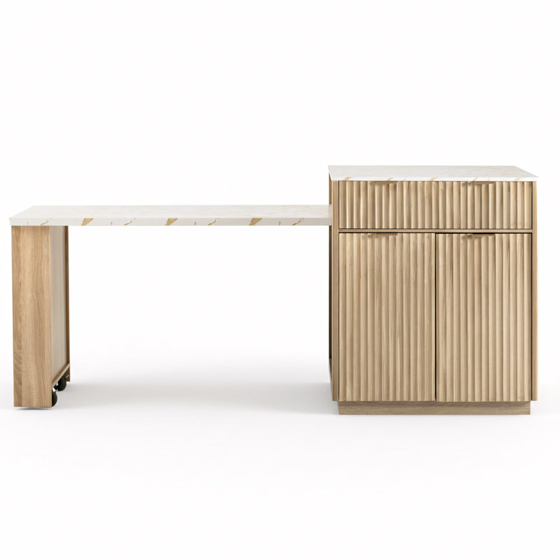 Îlot de cuisine 82,6 po avec table de salle à manger extensible Asabi, prise de courant et rangement, Naturel