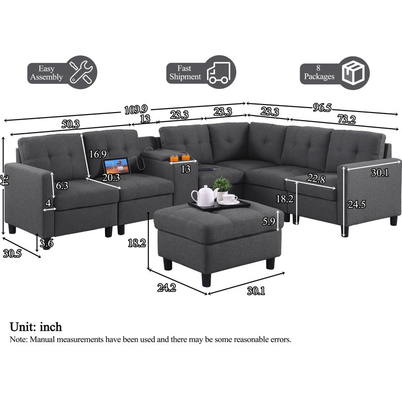 Kentrell L-Shape Sectional Sofa Couch With USB Ports & Cup Holders, Dark Gray Polyester Blend