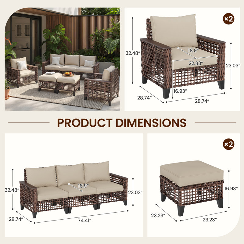 Ensemble de conversation de patio 5 pièces avec canapé 3 places, fauteuils et repose-pieds, Brun / Beige