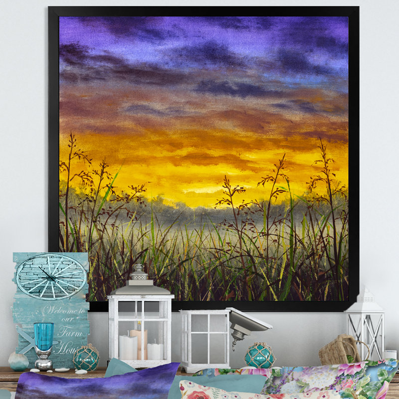Coucher de soleil sur un champ d'herbe - Peinture, Impression noire sur toile encadrée, L 16 po x H 16 po