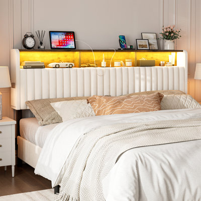  California King Headboard Only With Storage, Adjustable Height, Velvet Upholstered Cal King Head Board With Led Lights & Charging Station, Modern Freestanding Headboard, Easy Assembly, White