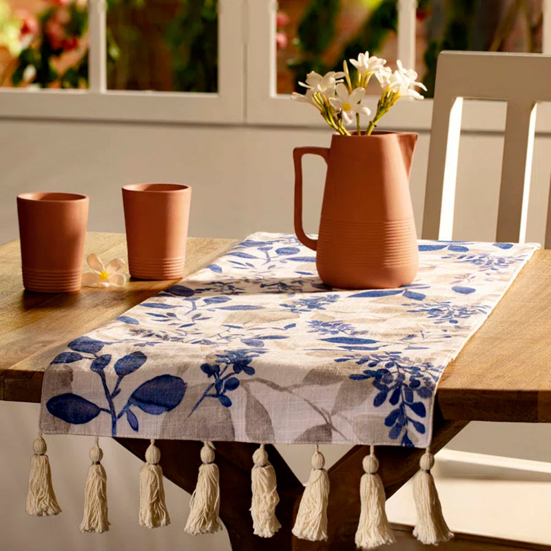 Tropical Floral Cotton Table Runner with Tassels