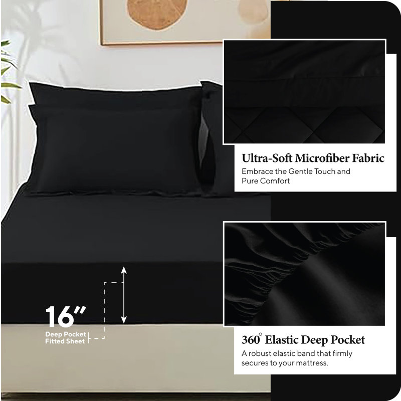 7-Piece Comforter Set, Microfiber, All Season Bed in a Bag – Black, King, King Comforter + 6 Additional Pieces, Black