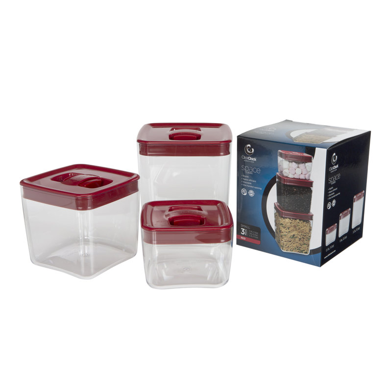 ClickClack Small 3pc Cube Canister Set, Red/Clear