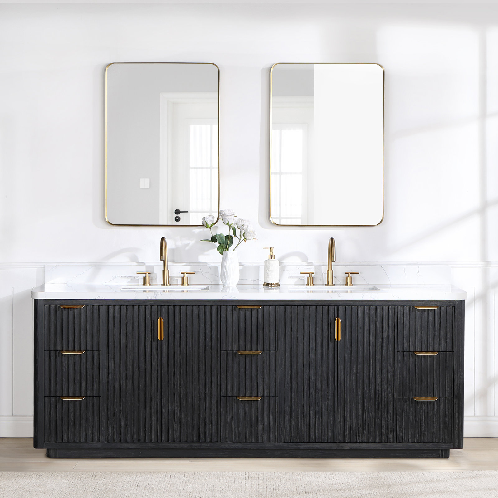 Adela 84'' Double Bathroom Vanity, Black, White, Gold