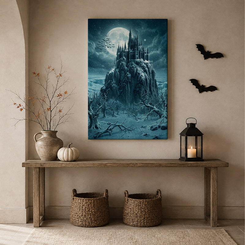 «Gothic Castle On Snowy Cliff Under Blue Moon», art mural sur toile, H 48 po x l 32 po