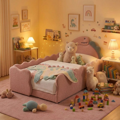 Twin Size Kids Bed Frame with Safety Guardraild, Dinosaur-Shaped Toddler Bed Frame for Children for Bedroom, Boucle Fabric, Pink