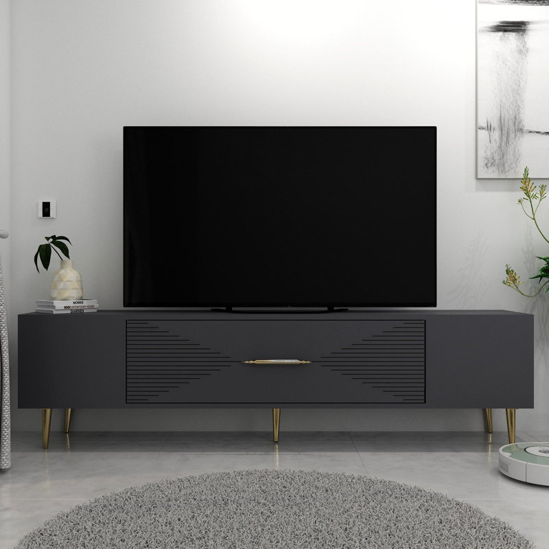 Meuble télé Catena avec option de fixation murale, anthracite et or, 59,0 po x 19,0 po x 11,6 po Catena | Panneau de particules enduit 100% mélamine, conception géométrique robuste, parfait pour les salons élégants et les espaces de divertissement