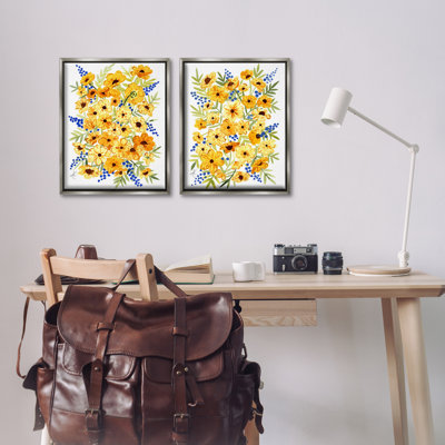 Golden Cosmos with Blue Berries 2 PC Framed Floater Canvas Set by Alexandria Gilbert Kincaid