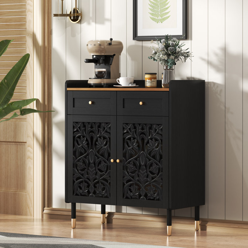 Carved Buffet Sideboard Cabinet , Coffee Bar Cabinet 1 Drawer &2 Doors, Black