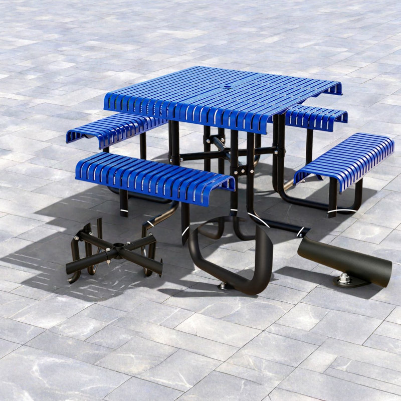 Ensemble repas de patio en métal, grande taille, table de pique-nique et banc de 205 cm (80,7 po), bleu moderne