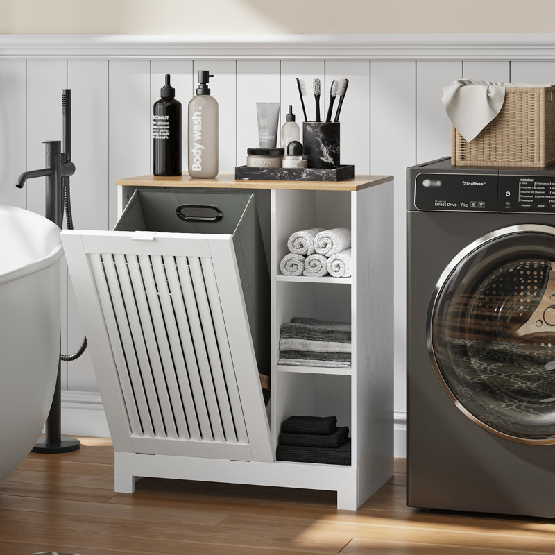 Armoire à linge avec panier amovible et tablettes réglables, armoire de rangement pour salle de bain