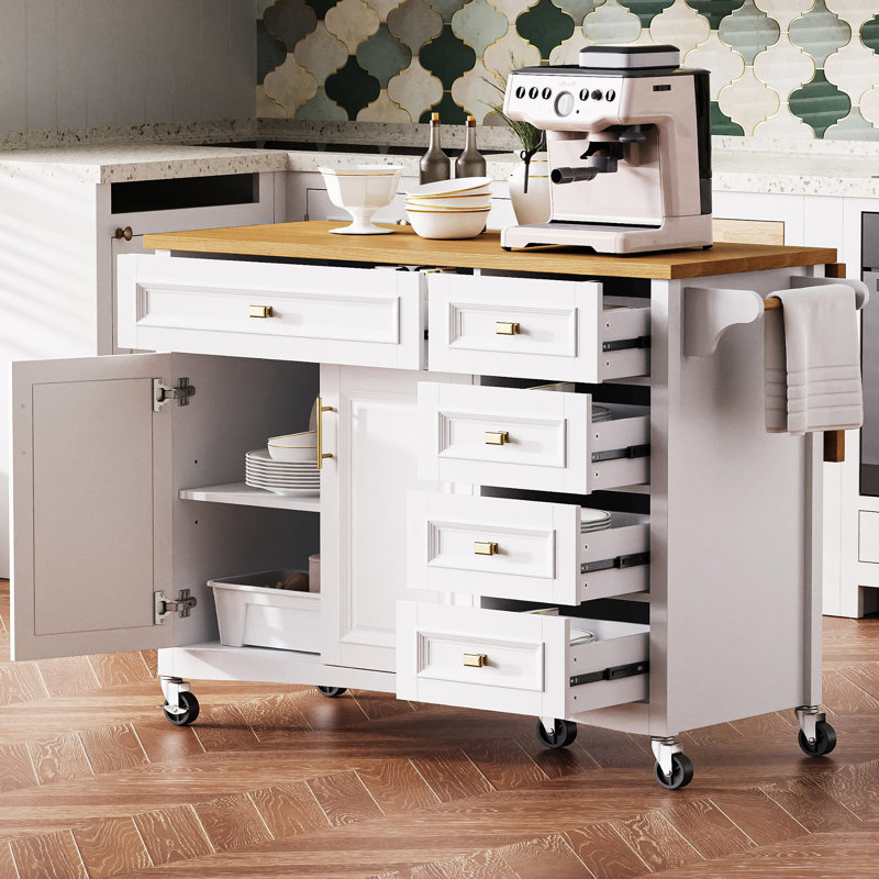 Îlot de cuisine de 52 po avec abattant, îlot de cuisine à texture en relief sur roulettes avec support à épices, porte-serviettes, 2 portes et 5 tiroirs, chariot de rangement de cuisine avec tablette réglable pour la cuisine