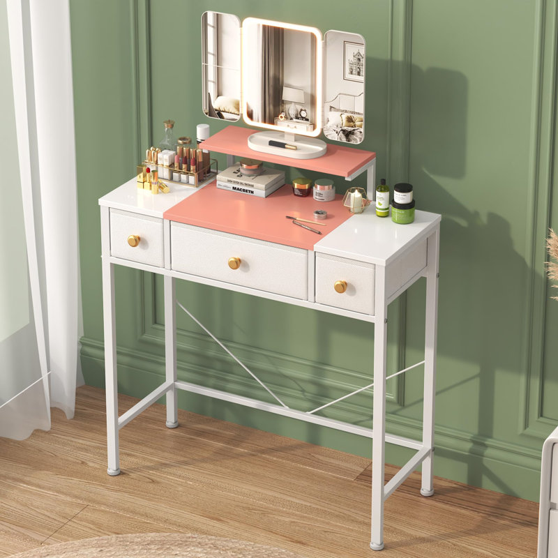 Dressing Table with Mirror, White/Pink