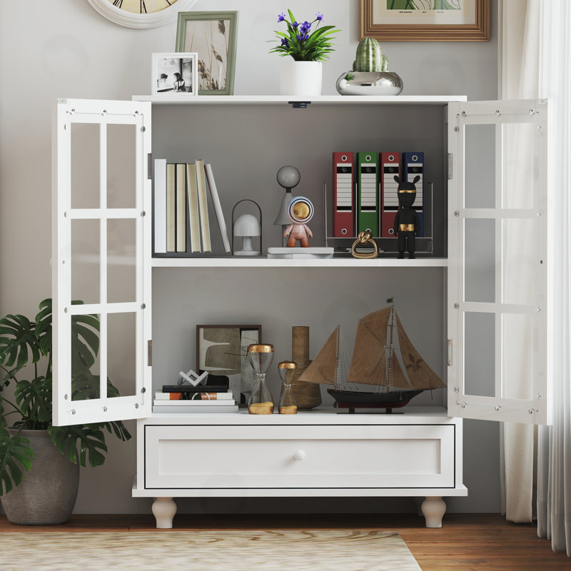 Buffet avec portes en verre doubles et tiroir, White