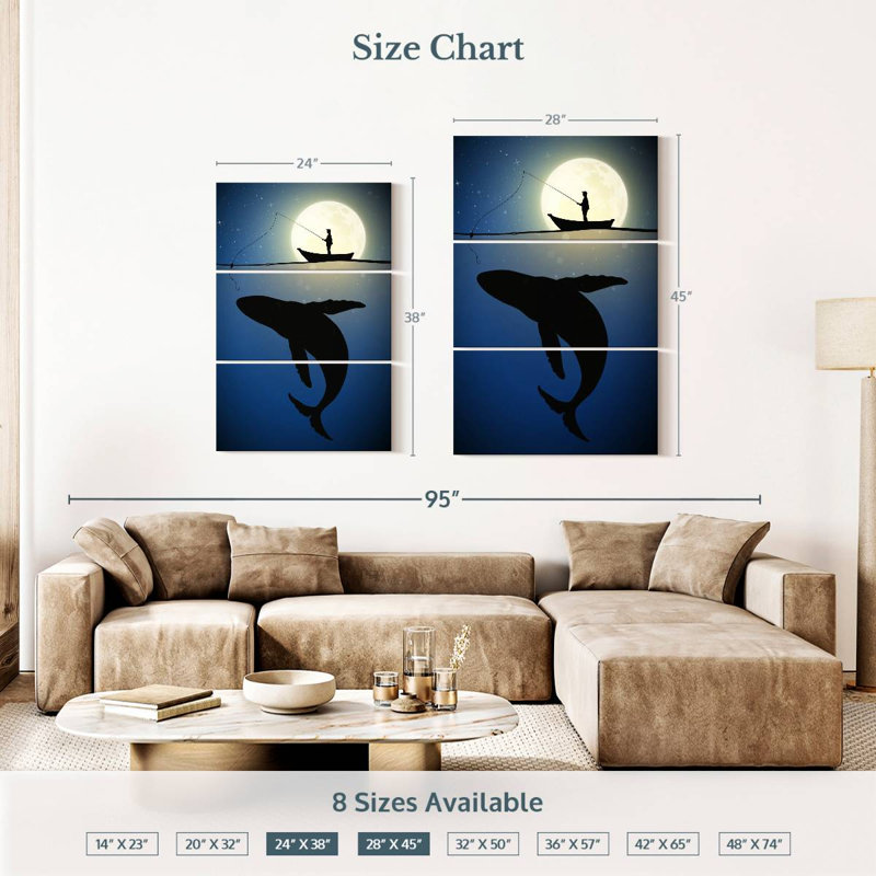 Pêche à la baleine au clair de lune Senne, H 38 po x l 24 po