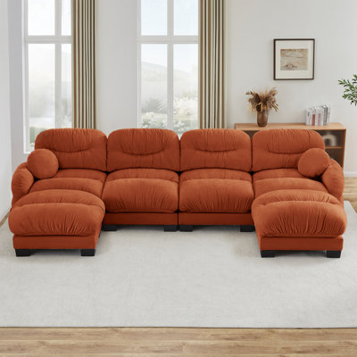 Pleated Design Cozy Modular Sofa with High-Density Ergonomic Foam Seat, Sectional Couch, Curved Round Armrests and 2 Round Throw Pillows