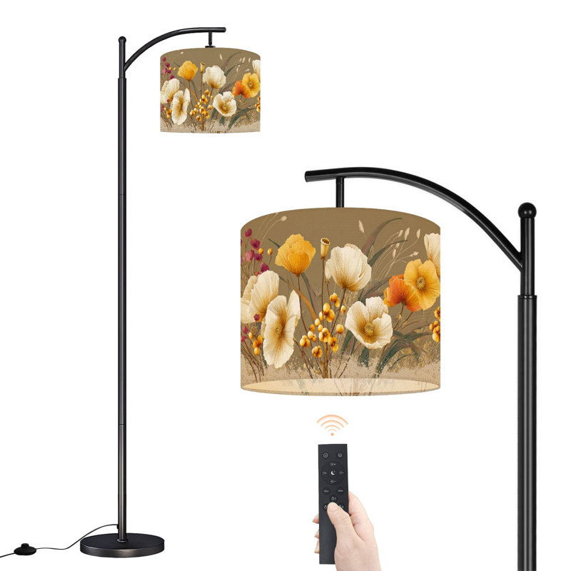 Arc Floor Lamp with Adjustable Lampshade Vintage Botanical Tropical Wildflower Boho Earthy Abstract Living Room Standing Lamp 3 Color Temperatures Dimmable Tall Pole Lamp with Foot Switch for Bedroom