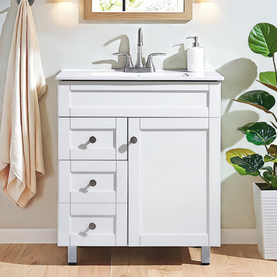 30" Free-standing Single Bathroom Vanity Set with Ceramic Sink - Modern White Cabinet with 2 Soft-Close Drawers