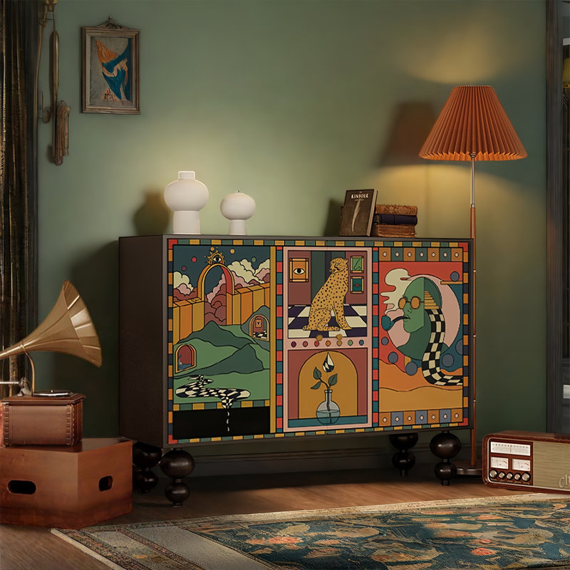 French Solid Wood Style Abstract Painting Sideboar