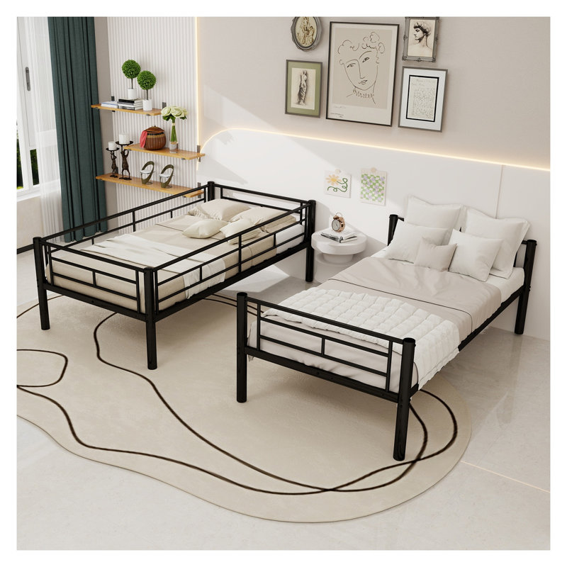 Lit superposé convertible simple au-dessus d'un lit simple en métal avec échelle - Structure en fer noir robuste pour enfants et adolescents