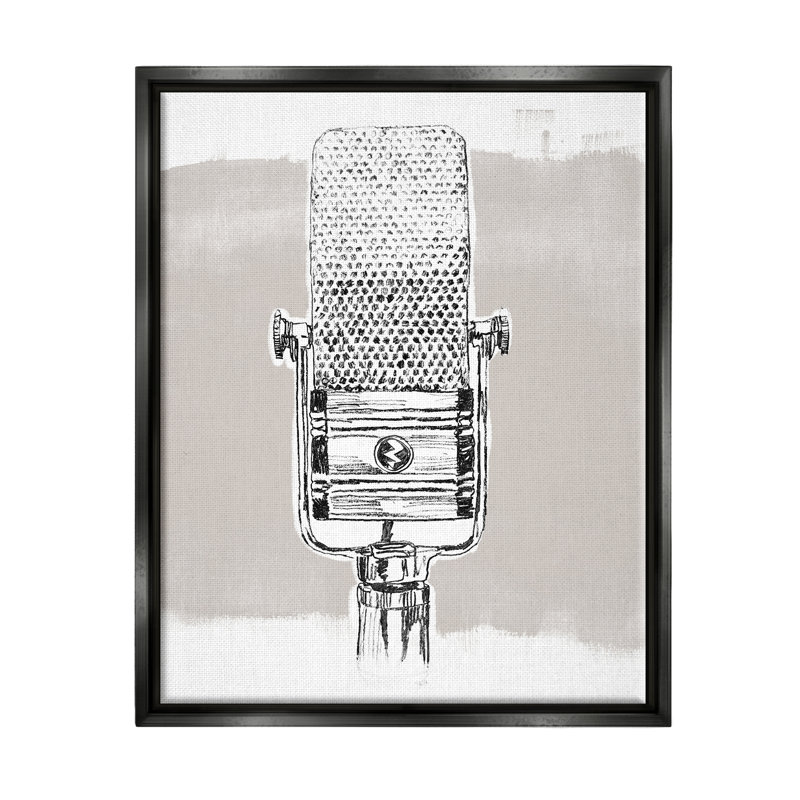 Dessin rétro de musique de microphone par June Erica Vess, H 21 po x l 17 po x P 1,7 po, Cadre flottant noir de jais