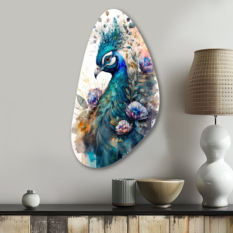 Mignon paon, art floral II - art mural asymétrique en forme de paon, H 31 po x l 17 po x P 1 po