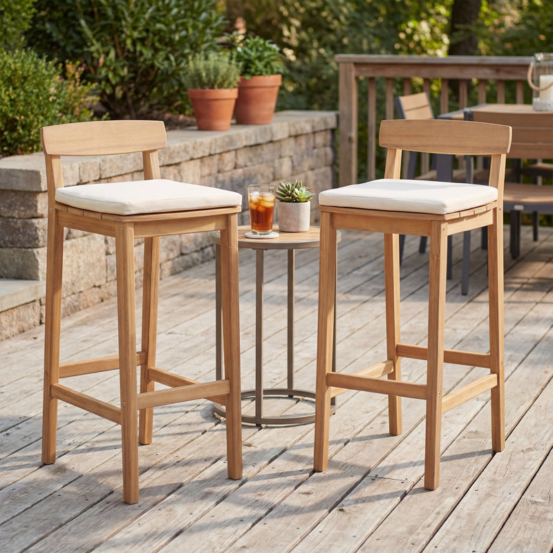 Tabourets d'extérieur rembourrés Tabouret d'extérieur en acacia avec coussins amovibles, Beige