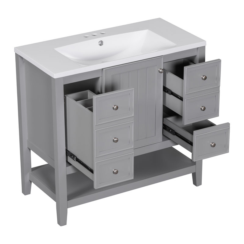 36" Bathroom Vanity With Sink Combo, One Cabinet And Three Drawers, Solid Wood And MDF Board, Gray