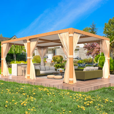 20 ft. W x 12 ft. D Aluminum Pergola with Adjustable Rainproof Louver – Wood-Grain Finish, Removable Curtains & Netting – Extra Large Louvered Pergola for Patio, Garden & Deck