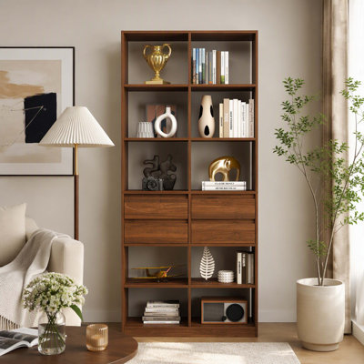 Tall Freestanding Open Cubby Display Shelving Unit with 4 Storage Drawers, Modern Storage Book Cabinet for Living Room, Bedroom & Office