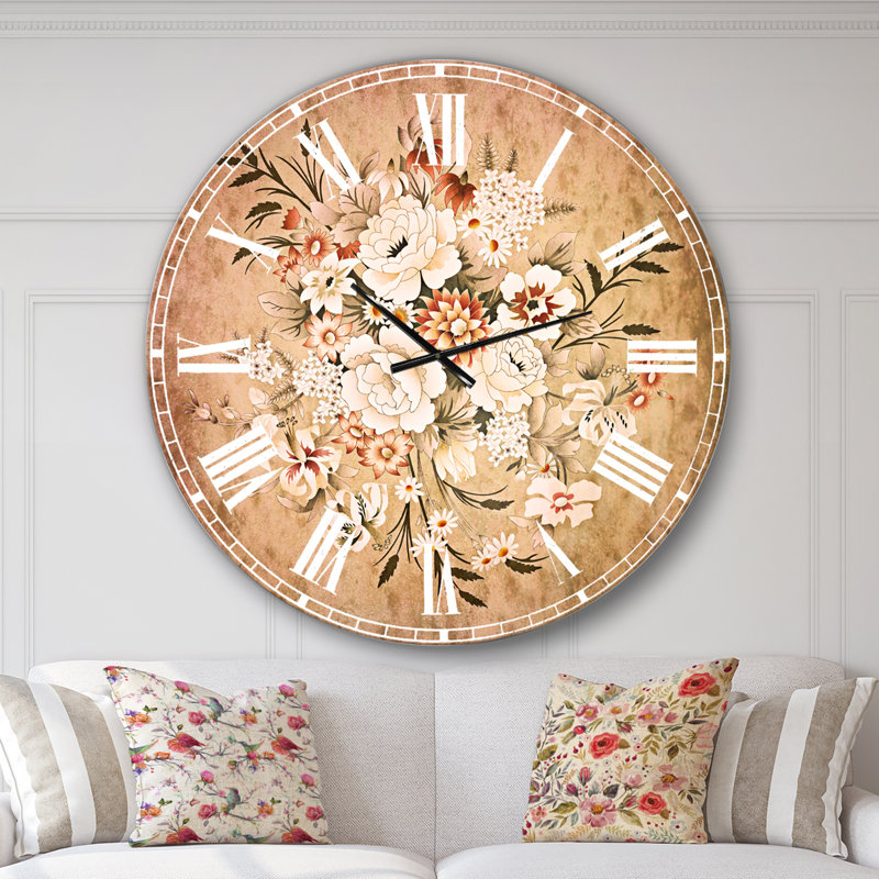 Motif floral blanc et jaune - Horloge murale traditionnelle, Surdimensionné
