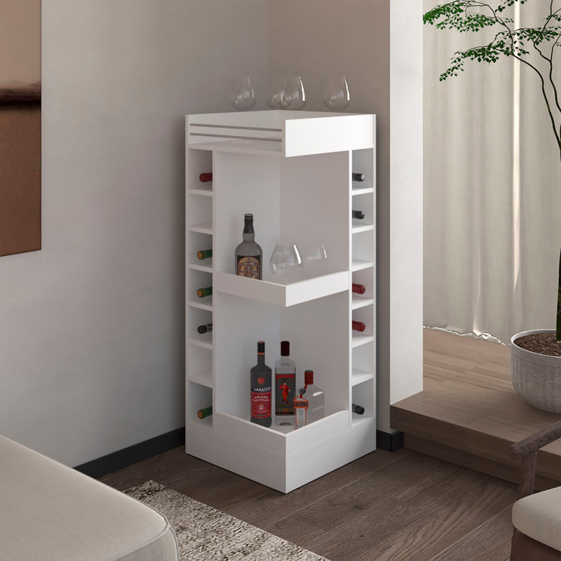 Lamer Corner Bar Cabinet with Wine Rack and Open Shelf,, White