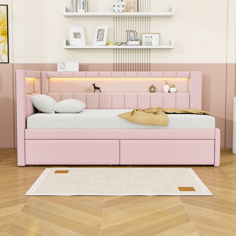 Twin Two Drawers Upholstered Platform Bed Frame with USB Ports and LED Lights, Pink
