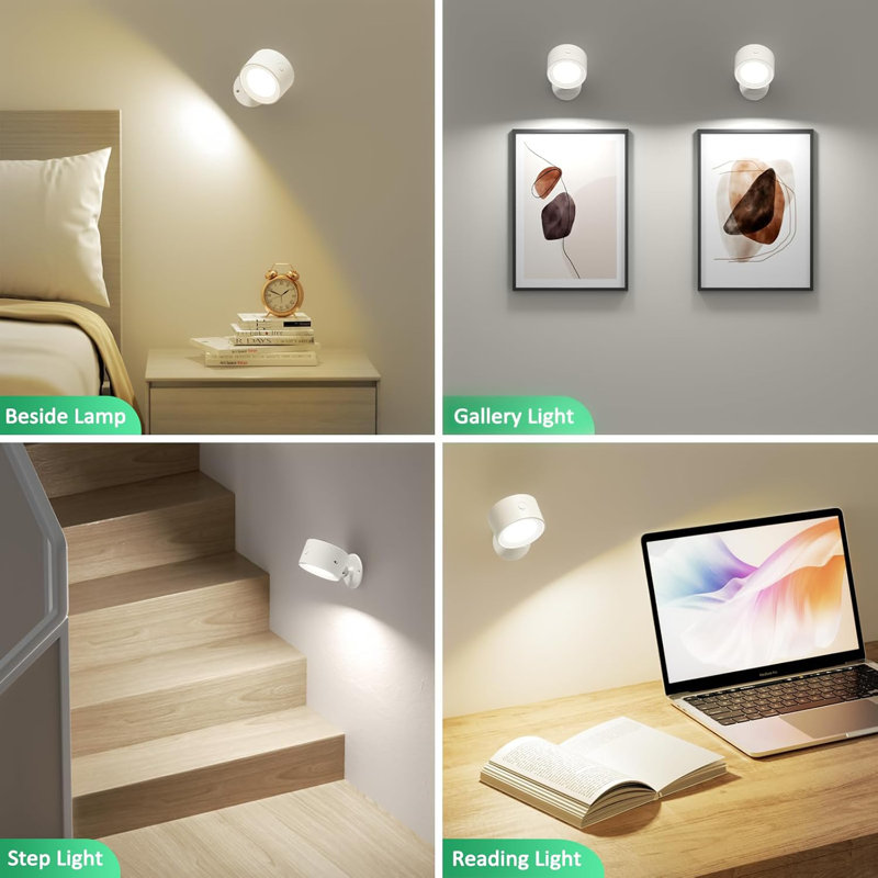  Appliques murales à DEL 3 pièces avec télécommande, lumières murales rechargeables à piles, 3 températures de couleur et lampe murale à intensité variable rotative à 360 ° pour le salon de la chambre à coucher