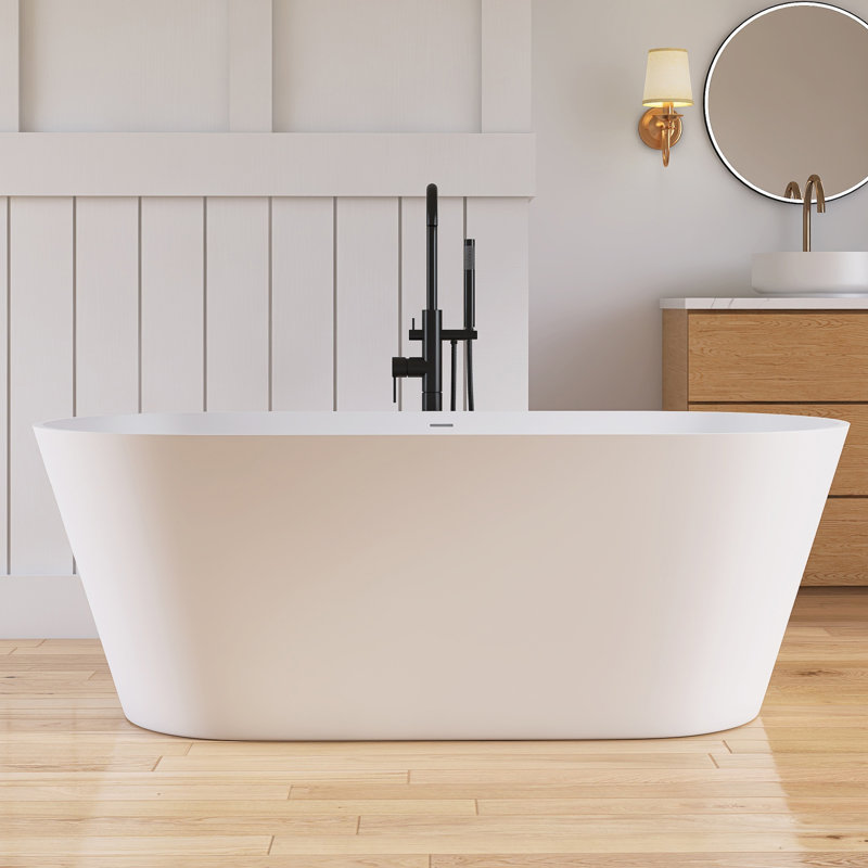Baignoire à surface solide de 63 po Forma, baignoire autoportante en résine de pierre pour salle de bain, baignoire profonde profonde avec trop-plein intégré 