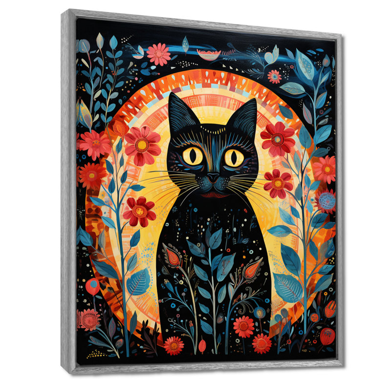 «Black Boho Flower Cat - Cat», reproduction d'art murale, Toile avec cadre argenté, H 32 po x l 16 po x P 1 po