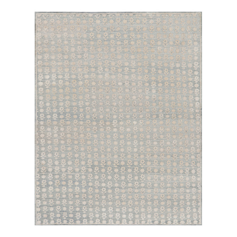 Rug & Kilim’S Modern Block Print Rug In Blue With White Floral Patterns, Rectangle 4' x 5'