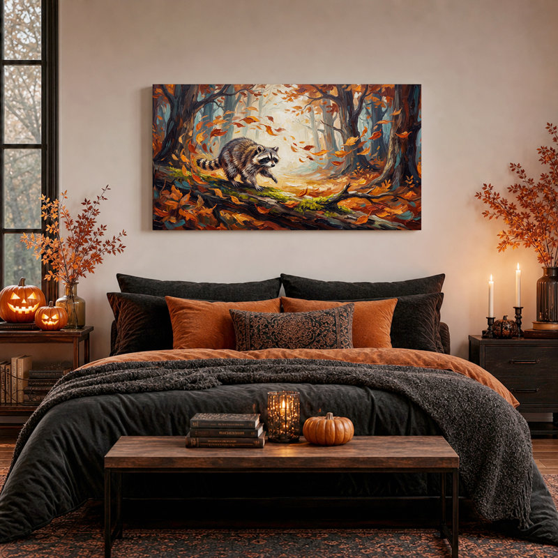«Raccoon Walking on Log in Autumn Forest», art mural sur toile, L 32 po x H 16 po