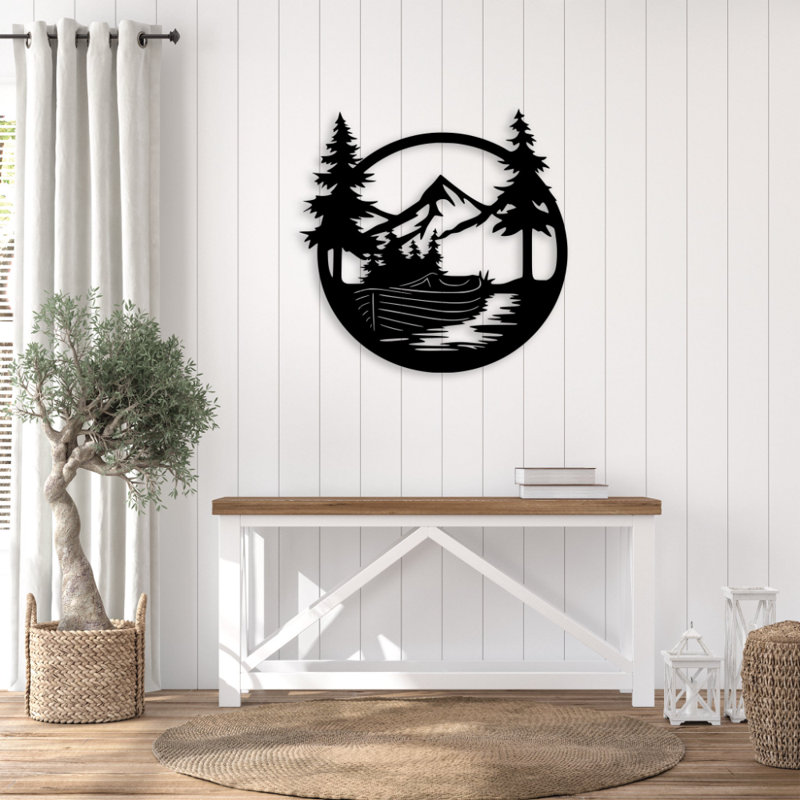 Art mural en métal Drift Boat Mountain - pêche aventure - silhouette de bateau de rivière - Tente murale rustique d'extérieur - chalet à la maison - sculpture moderne en métal industriel - pièce d'art naturelle