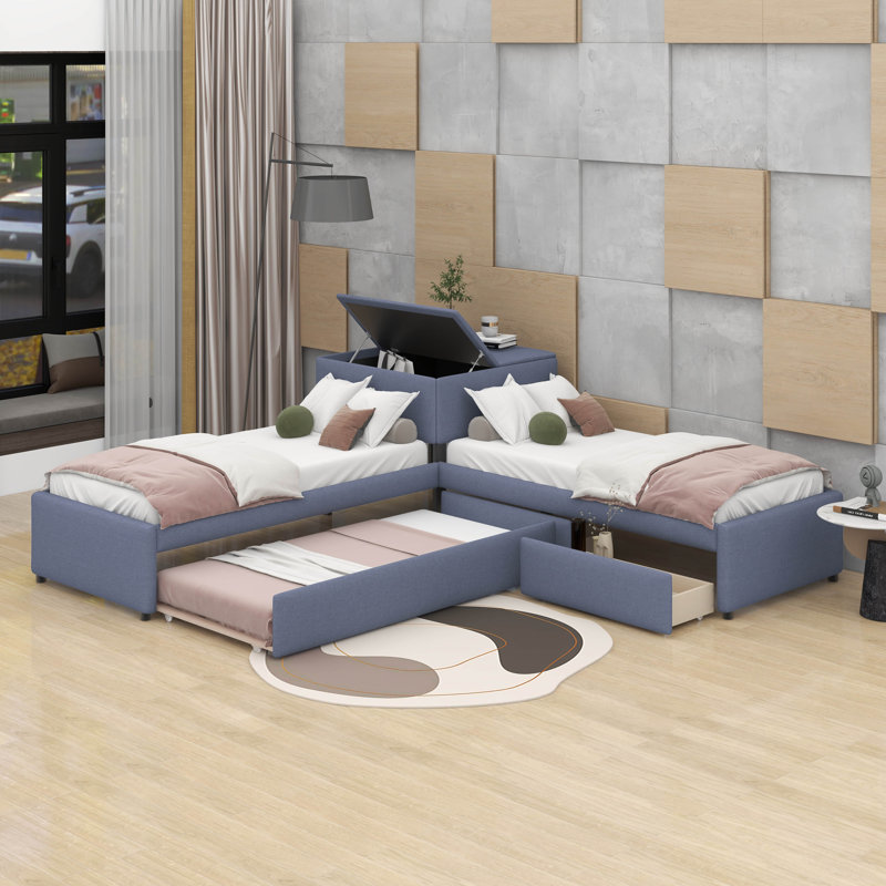 Lit plateforme simple tapissier en forme de L avec lit gigogne